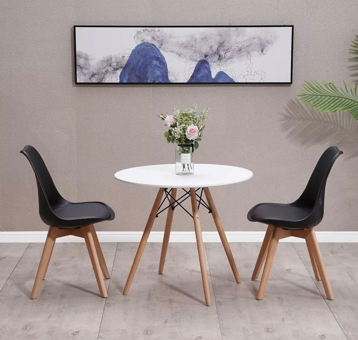 80CM Round Dining Table + Tulip Chairs Sets, Wooden Legs Dining Set Home Furniture