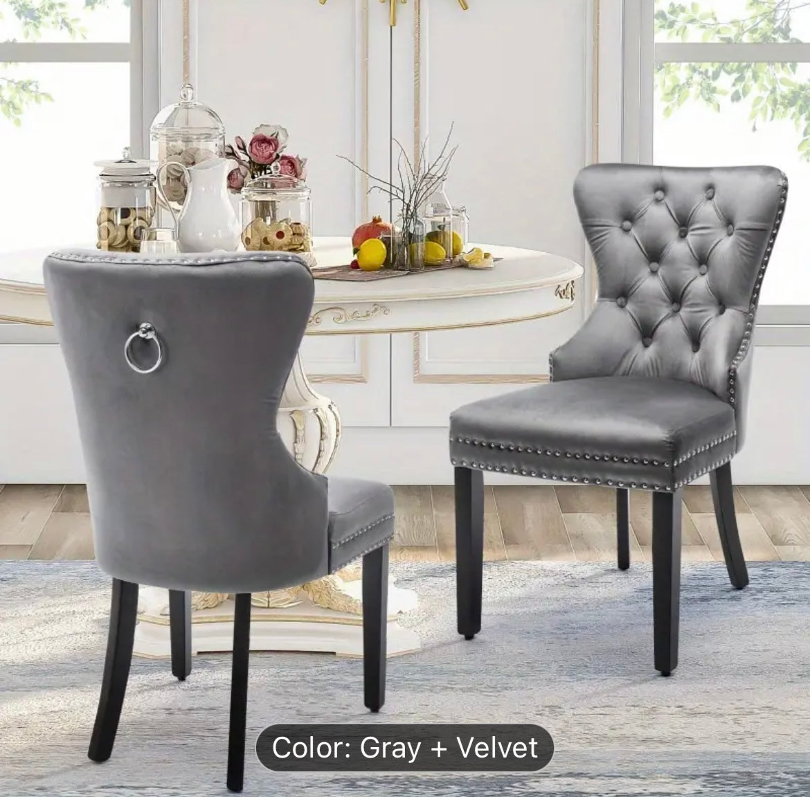 Knightsbridge Roll Top Velvet Dining Chair with Oak Legs and Nailhead Trim