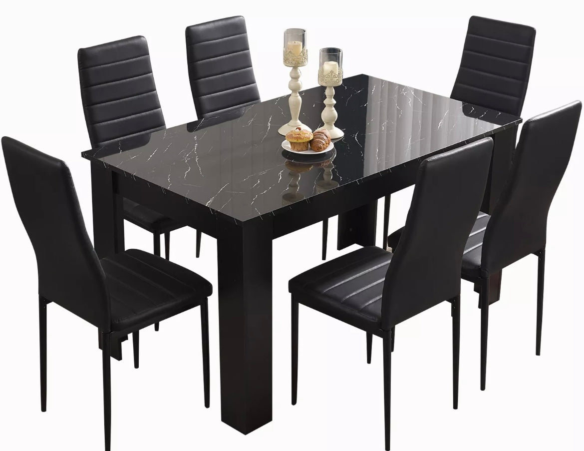 Modern Black Dining Table with Set of 6 Black Leather Dining Chairs