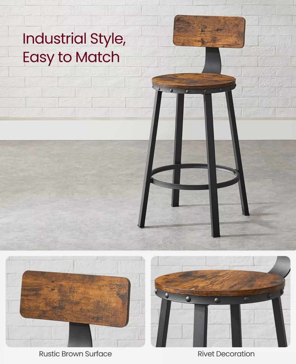 Classic Bar Stools, Kitchen Stools Set of 2 High Back Rustic Brown Wood with Black Legs