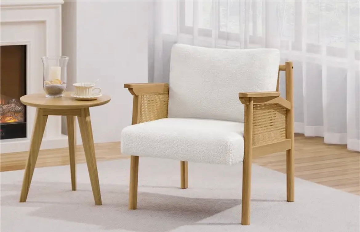 Accent Boucle Armchair with Rattan Sides and Back with Big Seat Cushion and Pillow