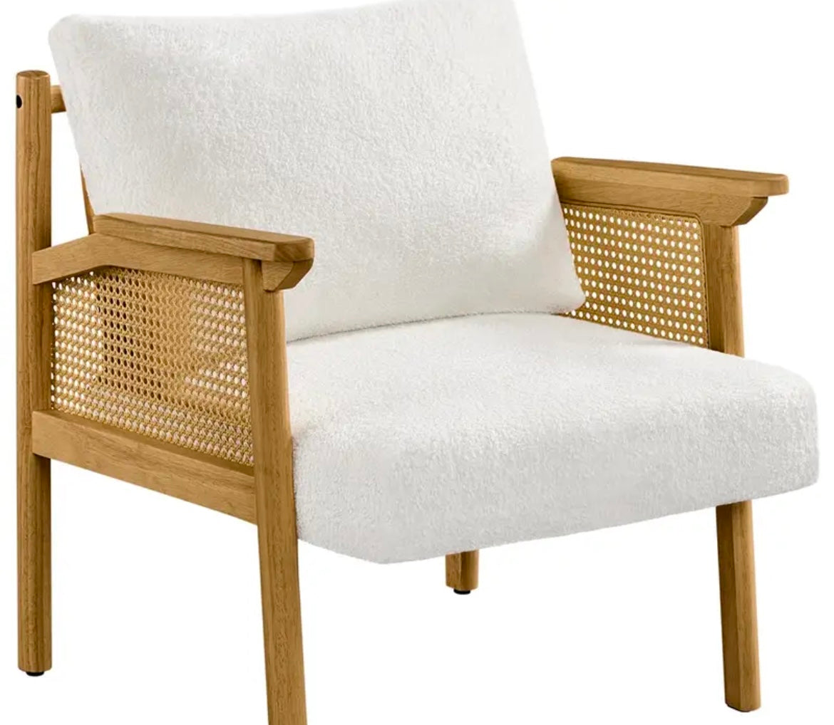 Accent Boucle Armchair with Rattan Sides and Back with Big Seat Cushion and Pillow