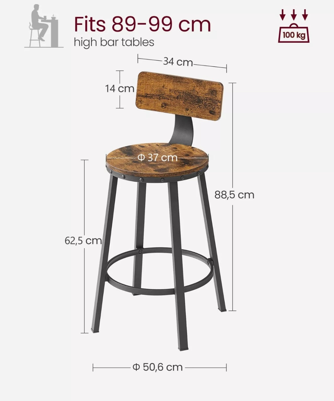 Classic Bar Stools, Kitchen Stools Set of 2 High Back Rustic Brown Wood with Black Legs