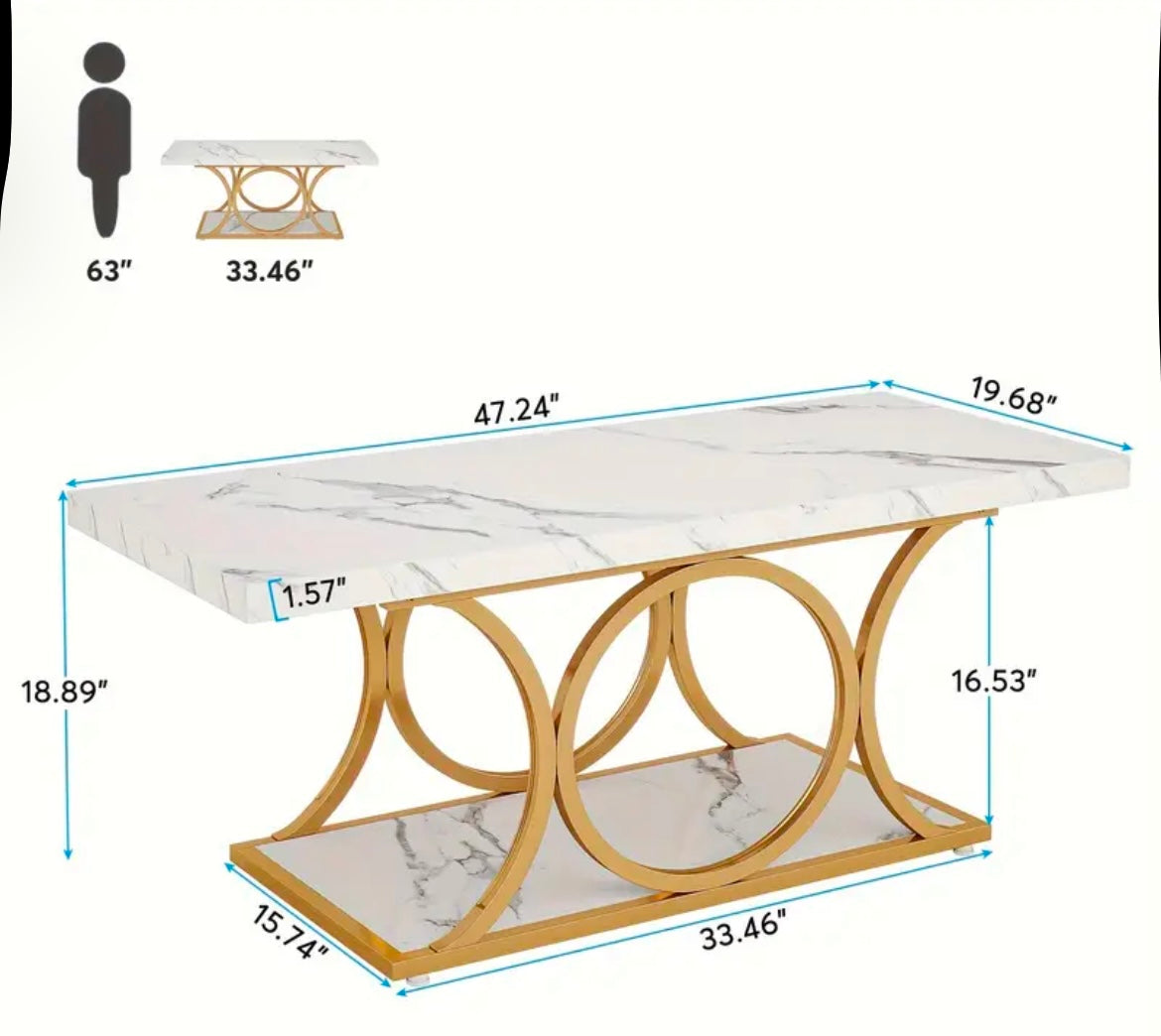 Cotswolds Rectangle Coffee Table 2-Tier Faux Marble With Geometric Metal Legs With Shelf (White And Gold)