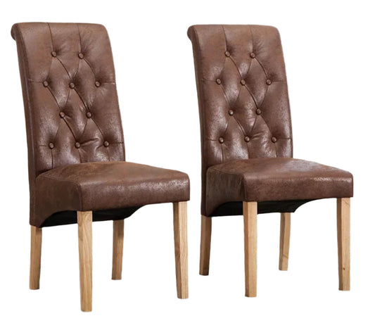 Set of 2 Brown Leather Look , Dining Chairs Roll Top