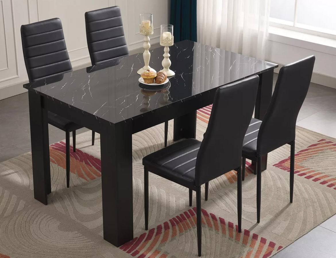 Modern Black Dining Table with Set of 6 Black Leather Dining Chairs