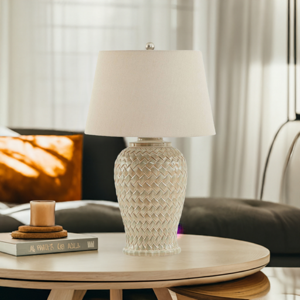 Woven Ceramic Table Lamp With Linen Shade